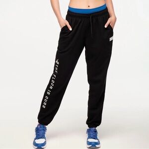 Zumba Black Track Pants w/Blue Waistband, FREE 12x12 Zumba microfiber facetowel
